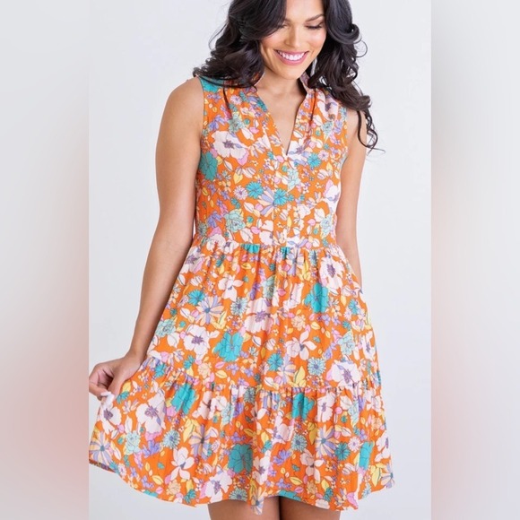 Boutique Dresses & Skirts - Karlie Floral Tiered Sleeveless V-Neck Ruffle Mini Dress‎ Orange  Medium